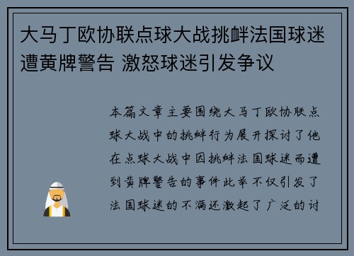大马丁欧协联点球大战挑衅法国球迷遭黄牌警告 激怒球迷引发争议