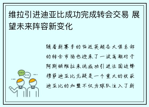 维拉引进迪亚比成功完成转会交易 展望未来阵容新变化